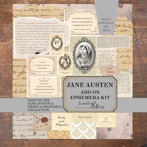 Könnte beinhalten: Ein Jane Austen Ephemera-Set mit digitalen Drucken von alten Briefen, Porträts von Elizabeth Bennet und Mr. Darcy sowie Zitaten aus Pride and Prejudice. Die Sammlung enthält dekorative Papierstücke, florale Muster und eine Wachssiegel-Grafik.