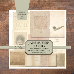 May include: Printable Jane Austen papers for journaling and collaging. The image features vintage-style pages with text, a portrait, and a feather quill. Print size is 27.9 x 21.6 cm, equivalent to A4.