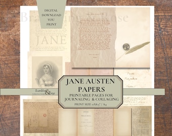 May include: A collection of printable Jane Austen papers for journaling and collaging. The image includes vintage-style pages with text, a portrait, and a feather quill. Print size is 11x8.5 inches.
