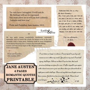 Citações românticas de Jane Austen para imprimir, Rasgado, Páginas de livros, Colagem, Efêmeras literárias, Cartas de amor, Diário de lixo, Adesivos de diário digital