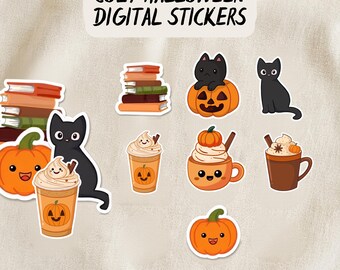 Cozy Halloween Digital Stickers PNG, Spooky Season Clipart, Fall Coffee & Black Cat Illustration, GoodNotes Planner Stickers, Download