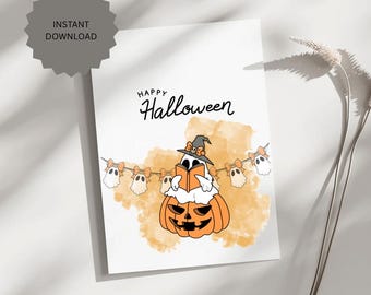Bonita tarjeta de felicitación imprimible de "Feliz Halloween", regalo para ella o para él, descarga digital instantánea, envío gratis, calabaza, fantasma leyendo un libro, bruja