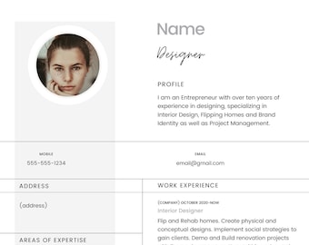 Könnte beinhalten: Ein Lebenslauf für einen Designer mit einem Foto, Kontaktinformationen, Berufserfahrung, Fachgebieten, Stärken und Ausbildung. Der Lebenslauf listet Erfahrung als Innenarchitekt und Chief Growth Officer auf.