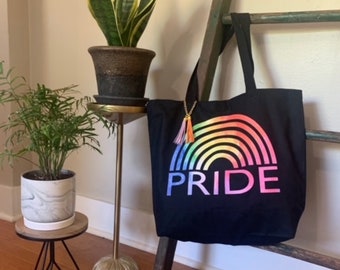 PRIDE LGBTQ Large Black Tote Bag with Colorful Leather Tassels