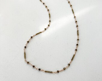 14k Gold filled olive green Moonstone bead necklace, wire wrapped necklace, bead chain necklace