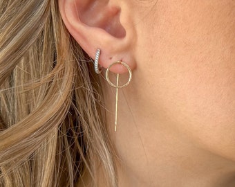 Yellow gold filled circle bar drop modern earrings, circle earrings, minimalist earrings