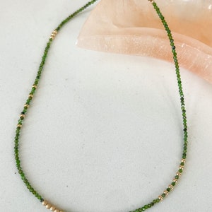 Chrome diopside and yellow gold filled bead necklace, green and gold bead necklace