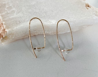 Yellow gold filled clear quartz modern wire drop earrings, quartz earrings, handmade earrings, minimalist earrings
