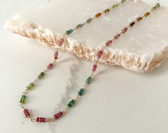 Multi color Tourmaline bead wire wrap chain in yellow gold filled, Tourmaline necklace