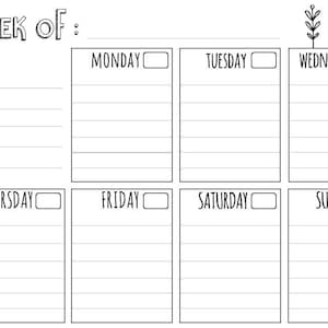 May include: A black and white weekly planner with a checklist for each day of the week: Monday, Tuesday, Wednesday, Thursday, Friday, Saturday, and Sunday. The planner has a section for notes at the top and a decorative border of plants at the top.