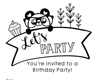 Printable Panda Birthday Party Invitation | Instant Download Fill-in Template | Minimal Black & White Design