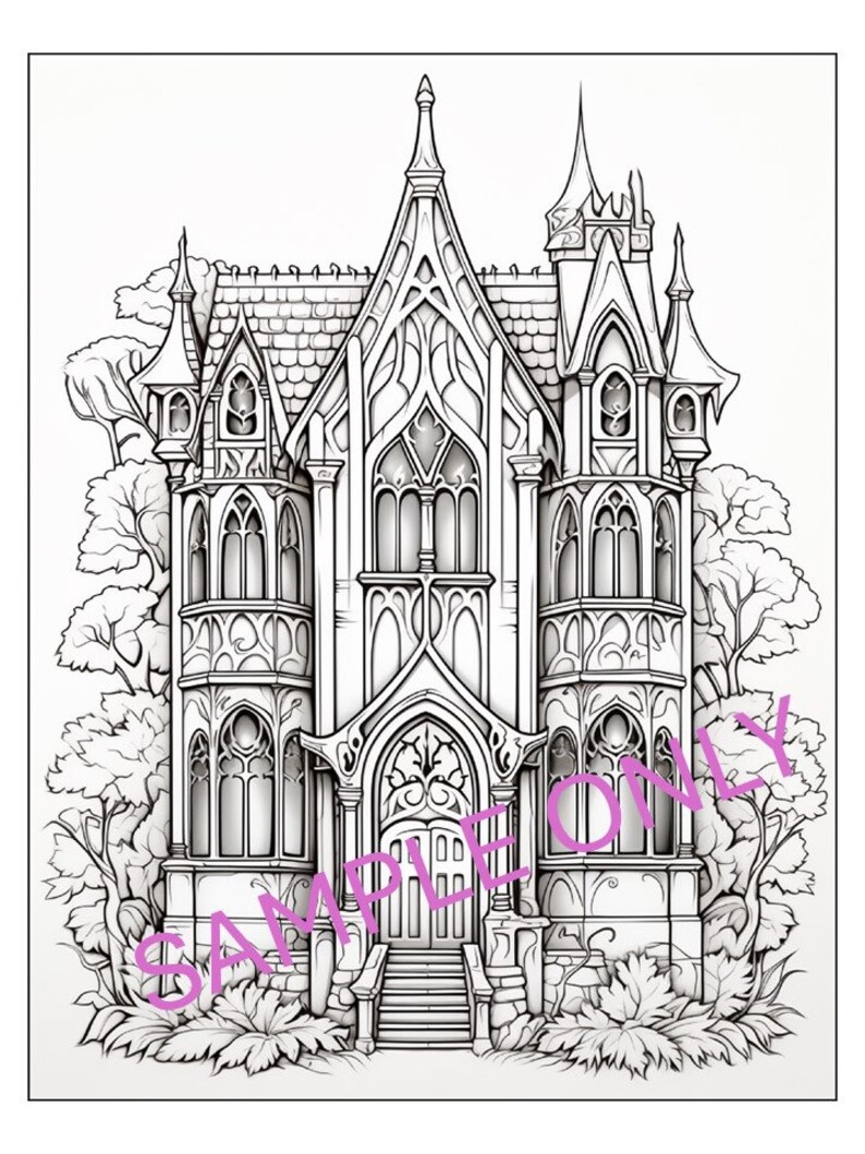 Printable GOTHIC HOUSES Volume 1 Coloring Pages 50 Pages Included Adult