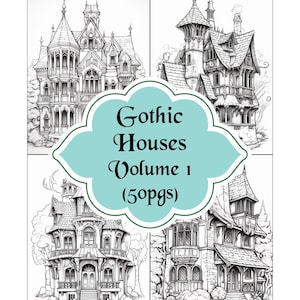 May include: A black and white coloring book featuring four detailed illustrations of gothic houses. The title of the book is "Gothic Houses Volume 1 (50pgs)".