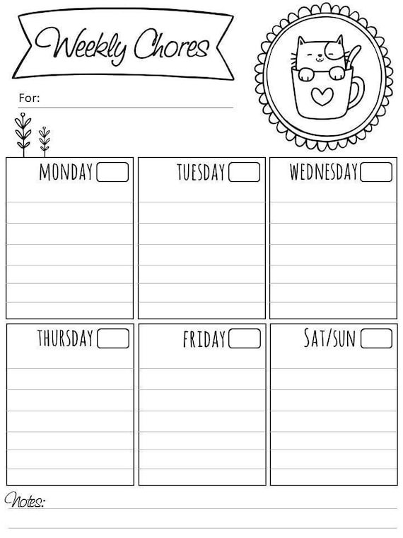CUTE KITTY Printable Weekly Chores Chart | Etsy