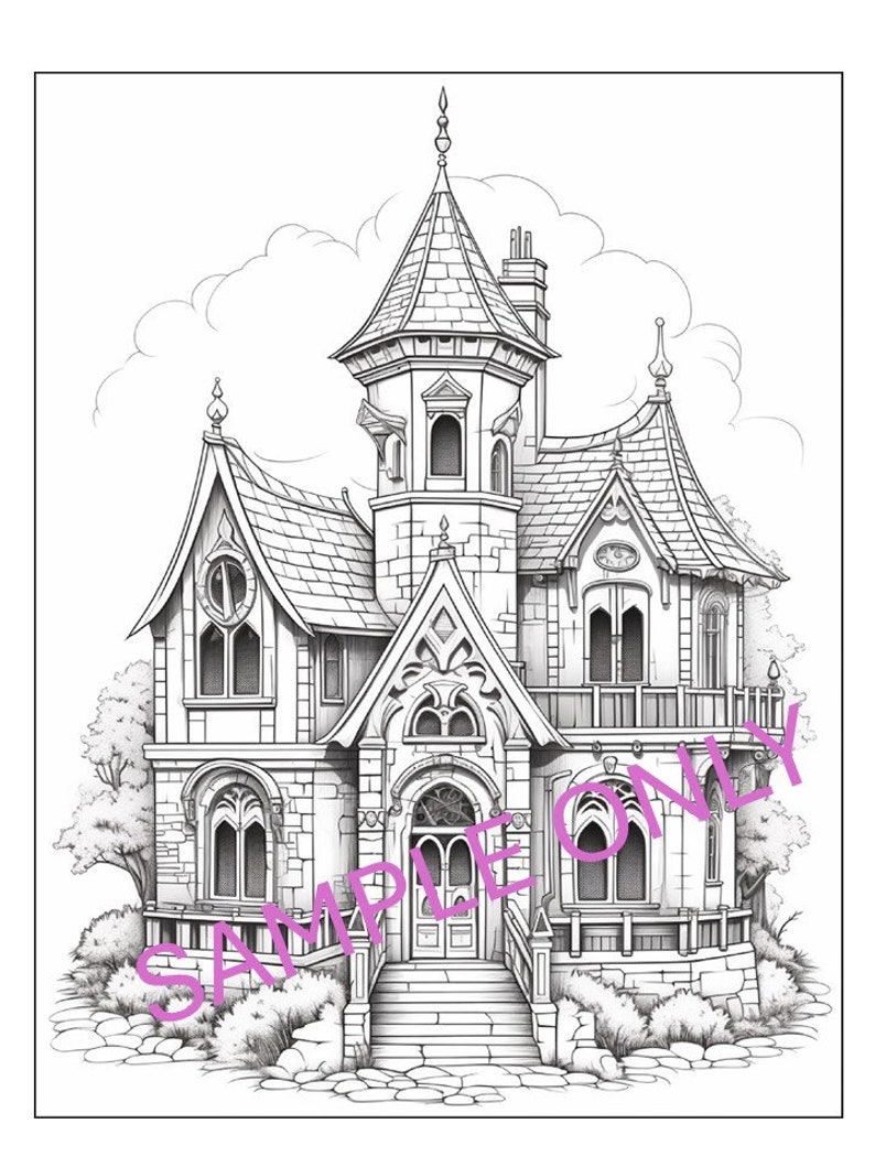 Printable GOTHIC HOUSES Volume 1 Coloring Pages 50 Pages Included Adult
