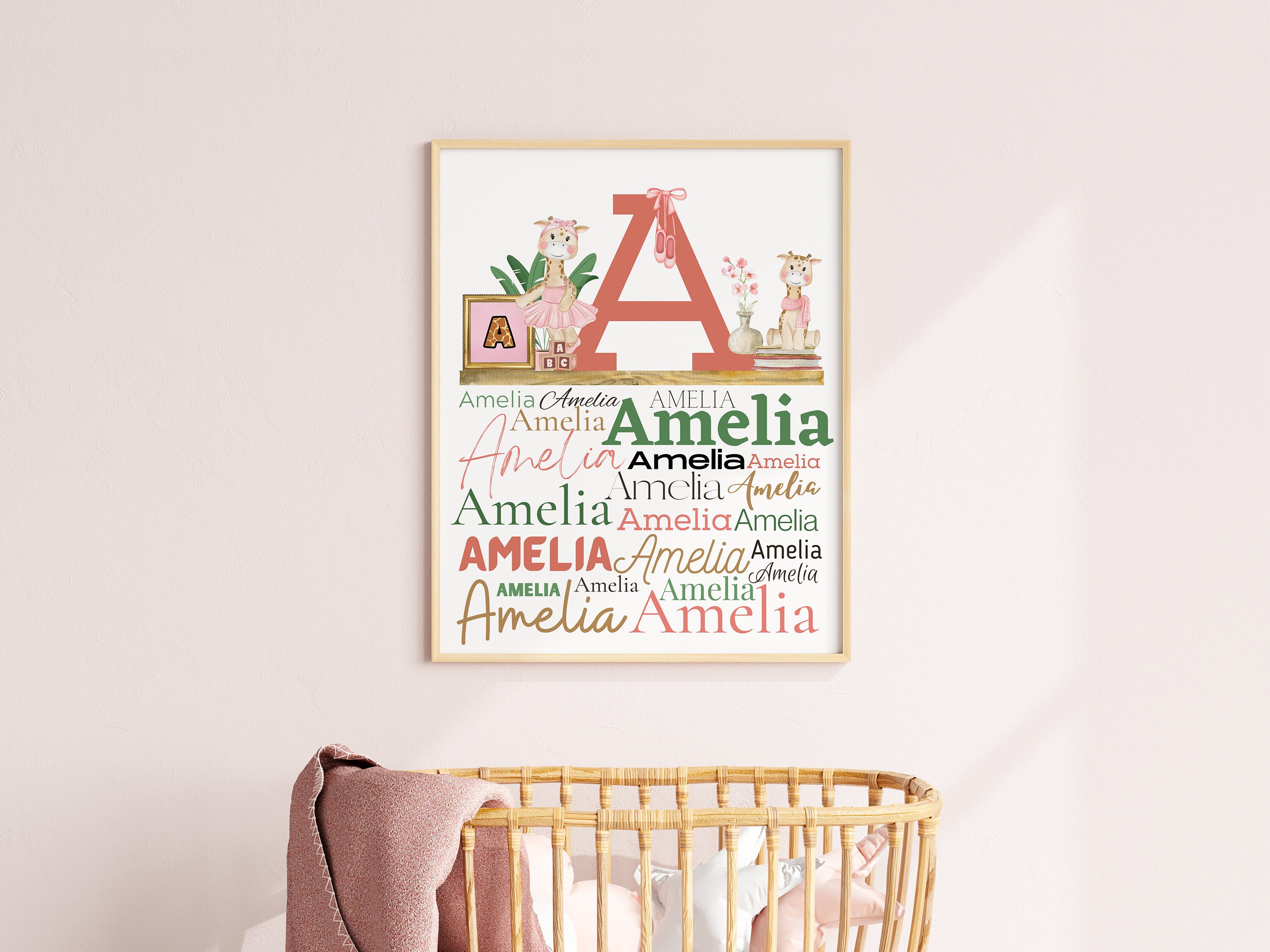 Custom Pink Giraffe Wall Decor, Girl Safari Art Print, Baby Girl Giraffe Name Sign, Personalized