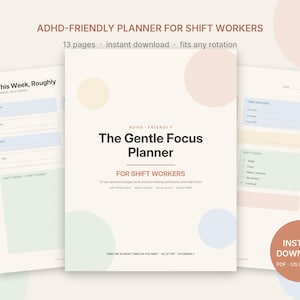 May include: A digital planner set titled The Gentle Focus Planner for shift workers, featuring three pages with pastel-colored circles, organized sections for weekly scheduling, time anchors, and body checks, with text including ADHD-friendly.