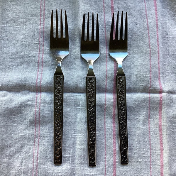 3 forks, Riviera Monterey, stainless flatware, Japan, 1970's.