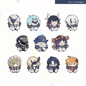 Puede incluir: Una colección de doce ilustraciones de personajes de estilo chibi. Cada personaje se representa con peinados, atuendos y accesorios únicos. Los personajes están sobre un fondo blanco. El texto "fatui harbingers" está en la esquina superior derecha.