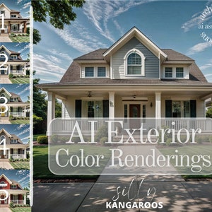 May include: Five different exterior color renderings of a two-story house with a front porch. The house has a gray roof, white siding, and black shutters. The renderings show different color combinations for the front door, trim, and siding. The text "AI Exterior Color Renderings" is superimposed on the image.