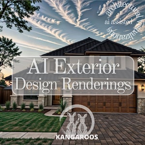 May include: A rendering of a modern home exterior with a brown roof, a large garage door, and a brick driveway. The home is surrounded by landscaping and trees. The text "AI Exterior Design Renderings" is superimposed on the image.