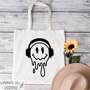 Melting Smiley Headphones Tote Bag, Reusable Bag, Melting Smiley Face, Happy Bag, Aesthetic Bags, Environmentally Friendly Bag, Tote Bag