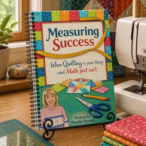 May include: A spiral-bound book titled "Measuring Success" with the subtitle "When Quilting is your thing -and Math just isn't." The cover features a woman, a measuring tape, scissors, and quilting designs. The book is displayed on a black metal stand.