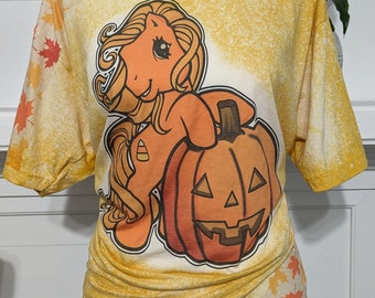 My little pony bleached shirt, Pony and Pumpkin Bleached T-shirt, Halloween Bleached T-shirt, Fall Bleached Tee with sleeve design, MLP Tee