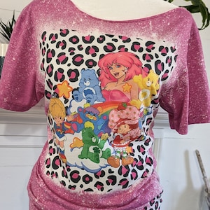 80's Throw Back Bleached Tee, Neon leopard print with 80's cartoons bleached T-shirt, 80's style bleached tee, nostalgic 80's bleached shirt