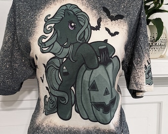 My little pony bleached shirt, Goth Pony and Pumpkin Bleached T-shirt, Halloween Bleached Tee with sleeve design, MLP Tee