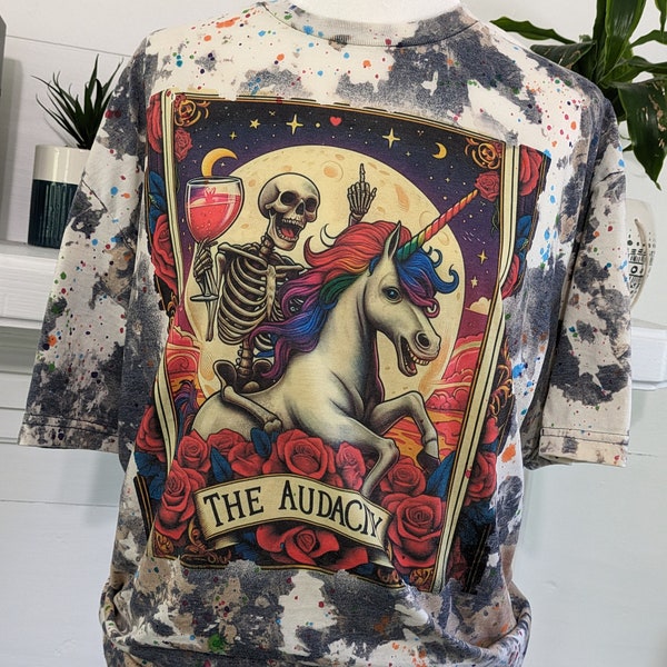 The Audacity Tarot Card T-shirt, Rainbow Splatter T-shirts, Skeleton Shirt, Skeleton sarcastic bleach tee, Halloween Bleached T-shirt