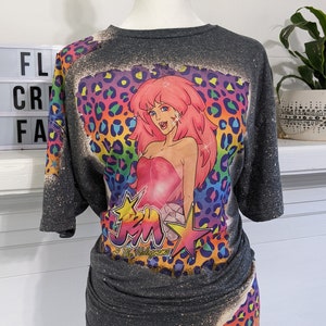 80's Throw Back Bleached Tee, Neon leopard print with 80's cartoon bleached T-shirt, 80's style bleached tee, nostalgic 80's bleached shirt