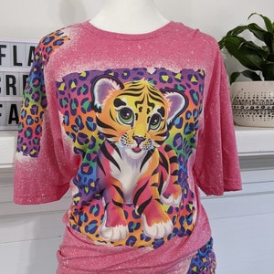 Neon leopard print with cub bleached T-shirt, 90&#39;s style bleached tee, nostalgic 90&#39;s bleached shirt