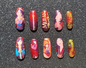 Mulan Acrylic Press-on Nails | Warrior Set | Holographic Glitter | Sparkly | Disney Princess Nails