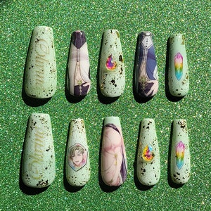 Olivine Acrylic Press on Nails | Nu: Carnival | Boys Love | Yaoi | Anime Game | Character Gem | Rhinestone Gold Foiled Set