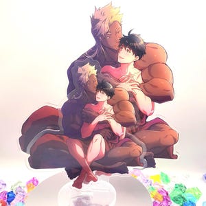 May include: A group of four figures, three men and one boy, are depicted in a colorful illustration. The figures are all smiling and appear to be enjoying each other's company. The figures are drawn in a cartoon style with exaggerated features. The background is a light pink color.