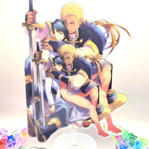 May include: A colorful anime-style illustration of three men with blonde and black hair. The men are wearing blue and gold outfits. The men are holding a sword and are posed in a romantic embrace.