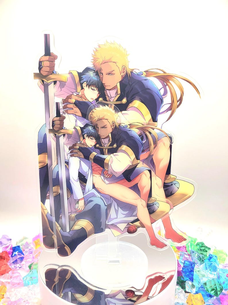 May include: A colorful anime-style illustration of three men with blonde and black hair. The men are wearing blue and gold outfits. The men are holding a sword and are posed in a romantic embrace.
