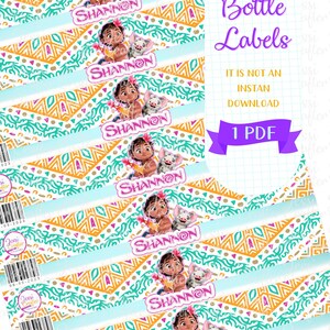 May include: Printable water bottle labels featuring a cartoon character with a pig. The labels have a colorful tribal pattern and the name "Shannon" is repeated on each label. The text "Bottle Labels" is in a purple box with the text "IT IS NOT AN INSTAN DOWNLOAD 1 PDF" below it.