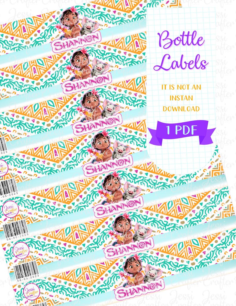 May include: Printable water bottle labels featuring a cartoon character with a pig. The labels have a colorful tribal pattern and the name "Shannon" is repeated on each label. The text "Bottle Labels" is in a purple box with the text "IT IS NOT AN INSTAN DOWNLOAD 1 PDF" below it.