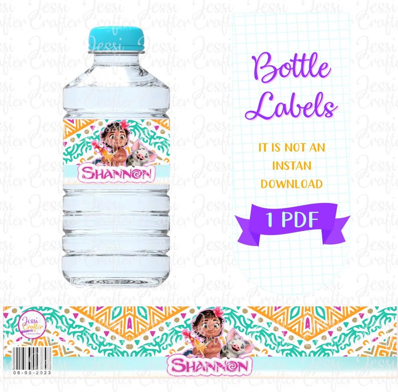 May include: Printable water bottle labels featuring a cartoon character with a pig. The labels are decorated with a colorful geometric pattern and the name "Shannon".