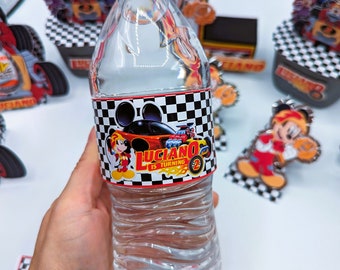 Etiquetas de garrafa de água Mickey Roadster Racers/Decorações de festa de aniversário/Invólucro de garrafa de água Mickey Mouse/Etiquetas personalizadas/Mickey Roadster