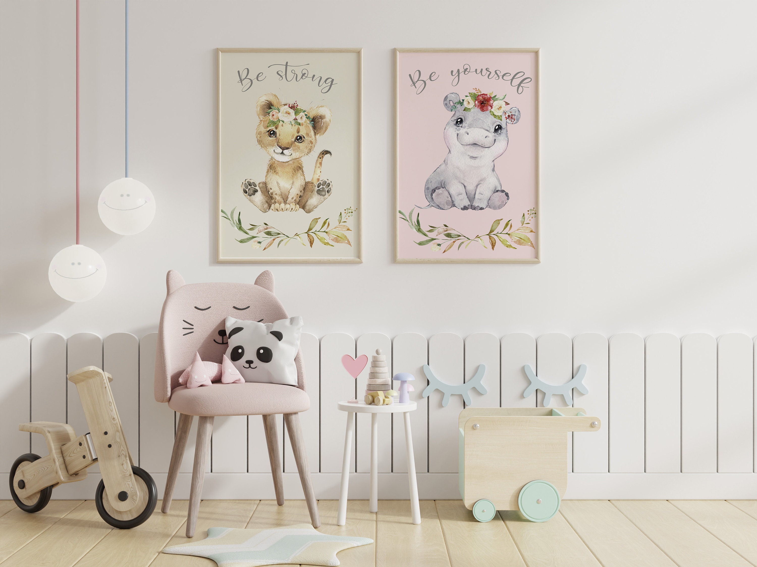 Lot de 2 Affiches Animaux Tigre/Éléphant ou Tigre/Hippopotame, Décoration Chambre Enfant/Bébé, Diffé