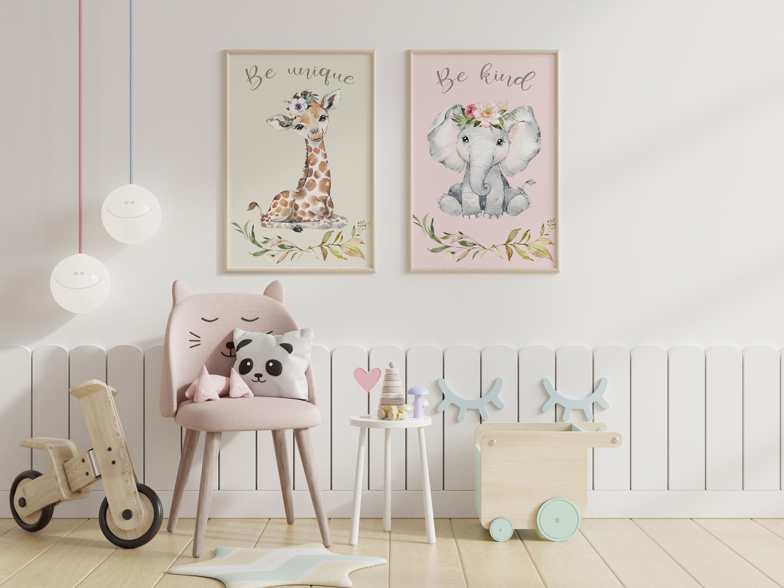 Lot de 2 Affiches Animaux Girafe/Éléphant ou Girafe/Hippopotame, Décoration Chambre Enfant/Bébé, Dif