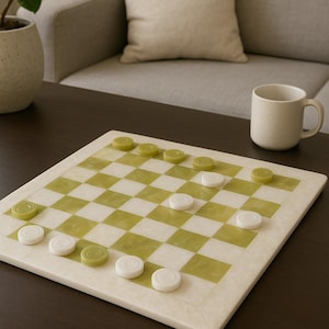 May include: A checkerboard game with green and white draughts on a cream-coloured board. The board is set on a dark brown table, with a beige mug and a grey sofa in the background. The game is ready to play.