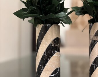 Marble Vase Set — Black & Beige Modern Cylinders | Holiday Home Decor Gift
