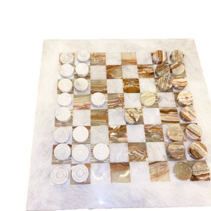 Premium Marble Checkers Board with Marble Pieces  | Handcrafted Luxury 12&quot; Marble Checkers Set | Gifts for Him | Christmas Gifts