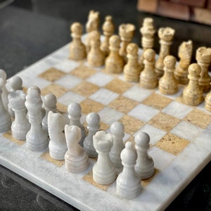 Chess set of Handmade White Marble and Fossil Chess Pieces, Housewarming Gifts, Fathers Day Gift from Daughter, Gifts for Him