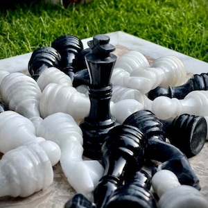 Handmade Marble Chess Pieces: Black and White Set (12-16" Board)