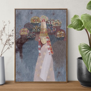 Eine orientalische Illustration mit einem kasachischen Mädchen im Nationalhut Saukele in den Größen A4 und A3 auf Papier gedruckt